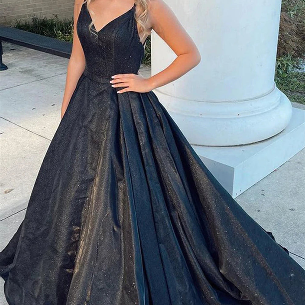 
                      
                        Shiny V Neck Backless Black Long Prom Dresses, Open Back Black Formal Graduation Evening Dresses 
                      
                    