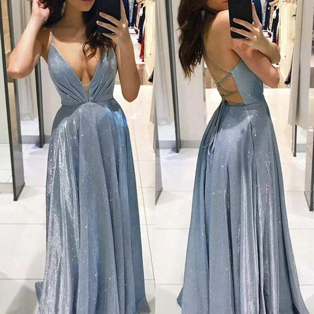 
                      
                        Shiny V Neck Backless Blue Long Prom Dresses, Open Back Blue Formal Graduation Evening Dresses
                      
                    