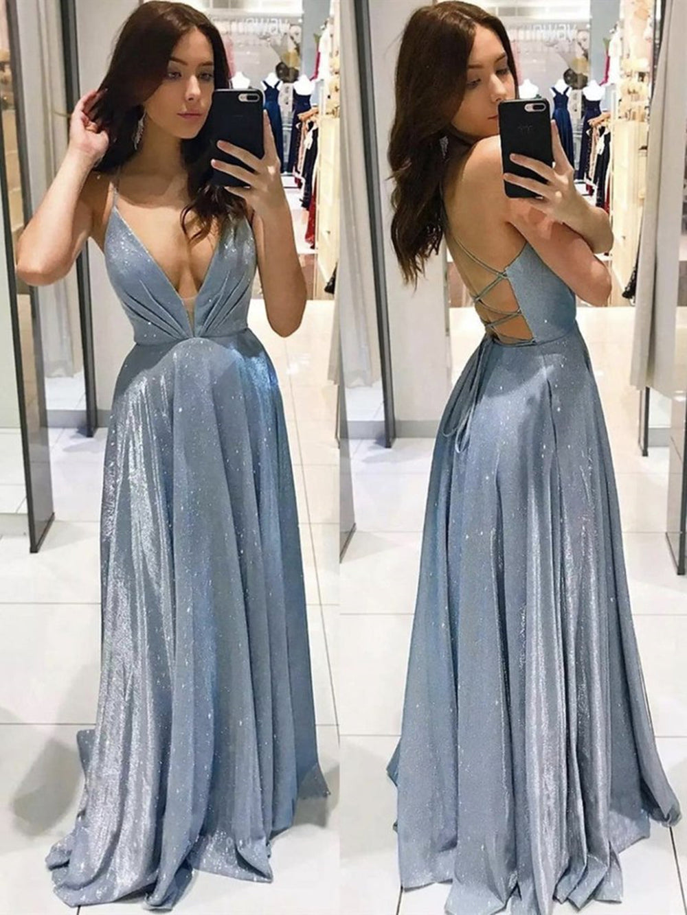 Shiny V Neck Backless Blue Long Prom Dresses, Open Back Blue Formal Graduation Evening Dresses