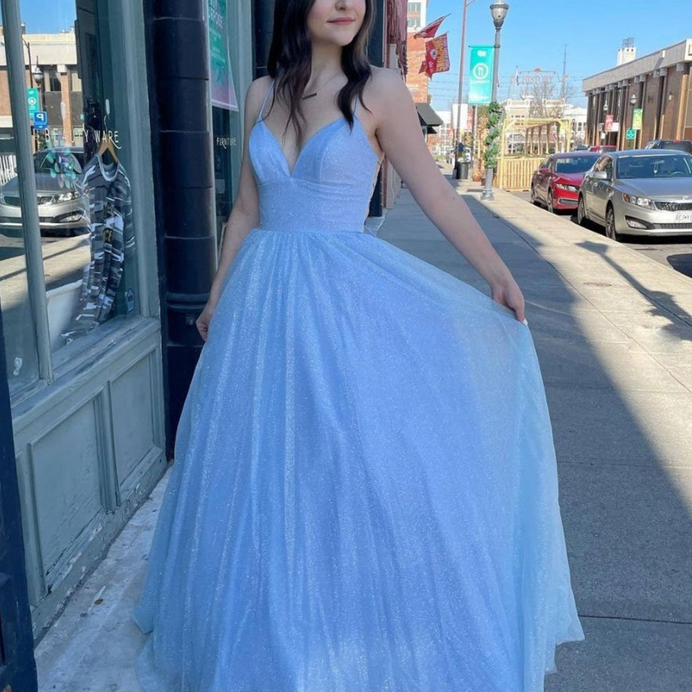 Shiny V Neck Backless Light Blue Long Prom Dresses, V Neck Light Blue Formal Dresses, Blue Evening Dresses 