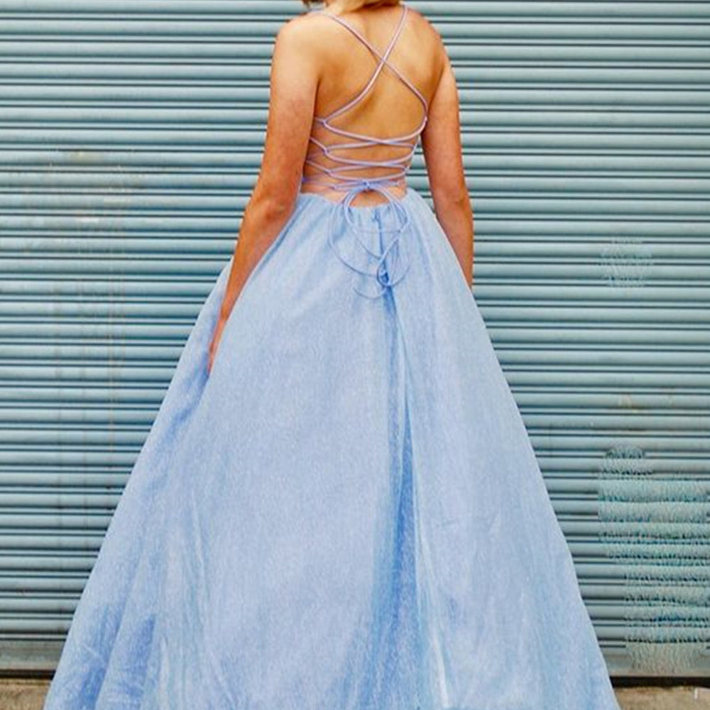 
                      
                        Shiny V Neck Backless Light Blue Long Prom Dresses, Open Back Light Blue Formal Dresses, y Blue Evening Dresses
                      
                    