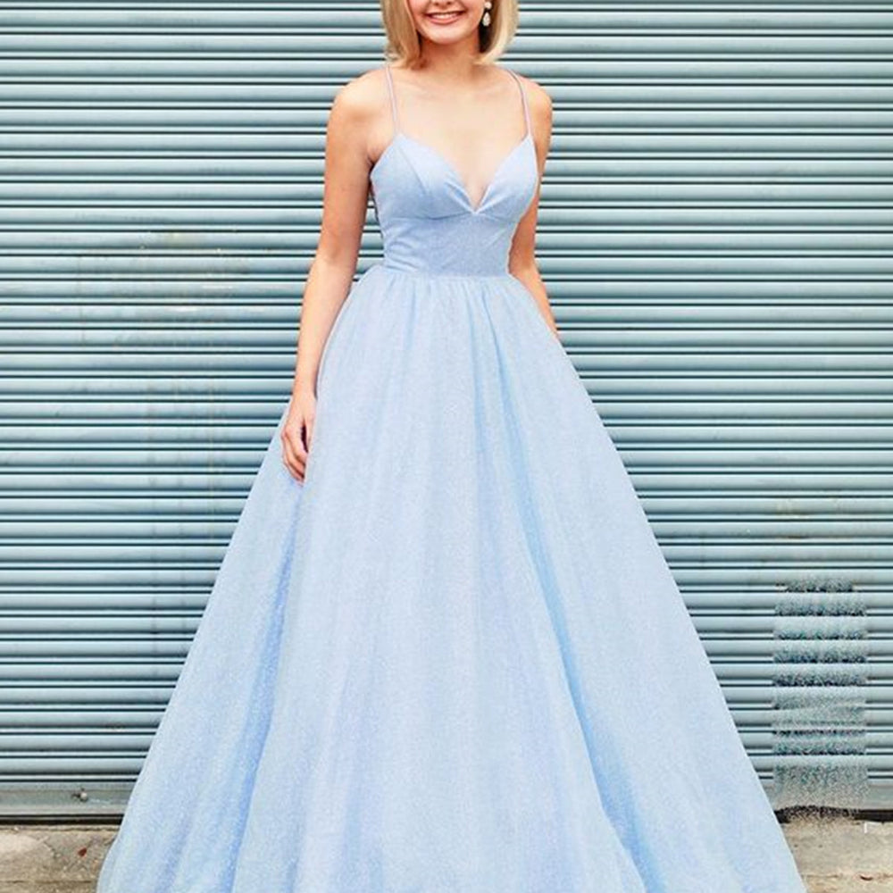 Shiny V Neck Backless Light Blue Long Prom Dresses, Open Back Light Blue Formal Dresses, y Blue Evening Dresses