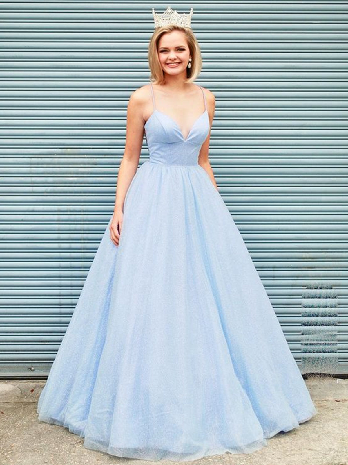 Shiny V Neck Backless Light Blue Long Prom Dresses, Open Back Light Blue Formal Dresses, y Blue Evening Dresses