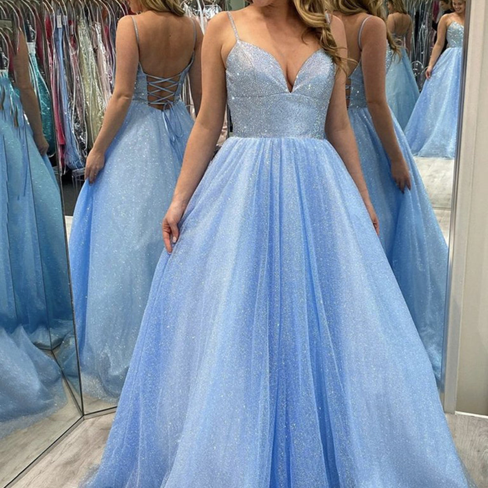 Shiny V Neck Backless Light Blue Long Prom Dresses, y Long Blue Formal Evening Dresses