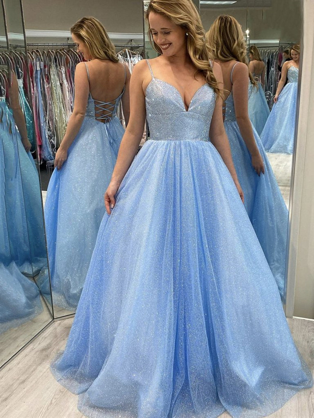 Shiny V Neck Backless Light Blue Long Prom Dresses, y Long Blue Formal Evening Dresses