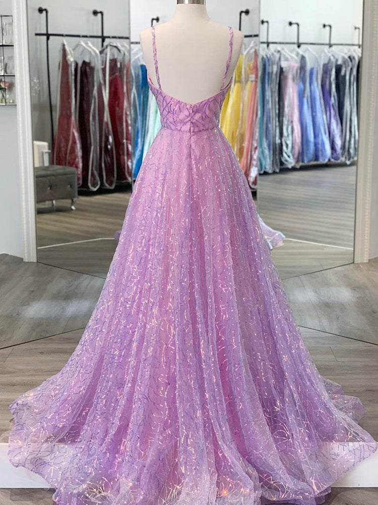 
                      
                        Shiny V Neck Backless Lilac Prom Dresses with Straps, Backless Lilac Formal Dresses, Purple Evening Dresses
                      
                    