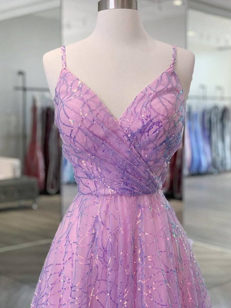 
                      
                        Shiny V Neck Backless Lilac Prom Dresses with Straps, Backless Lilac Formal Dresses, Purple Evening Dresses
                      
                    