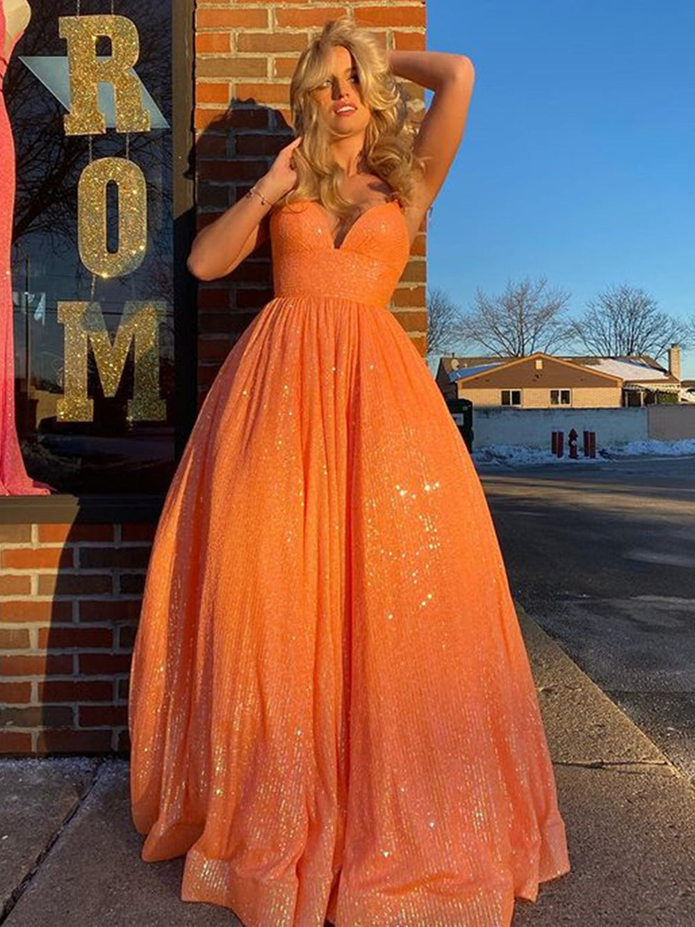 Shiny V Neck Backless Orange Long Prom Dresses, V Neck Orange Formal Dresses, y Orange Evening Dresses 