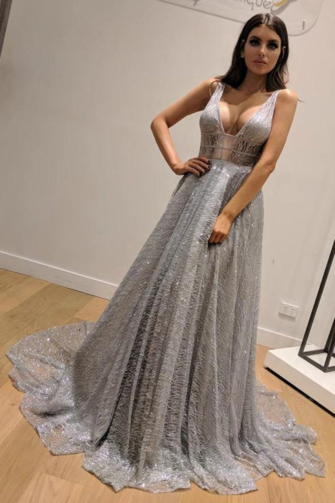 
                      
                        Shiny V Neck Backless Silver Grey Long Prom Dresses, Backless Silver Grey Formal Graduation Evening Dresses
                      
                    