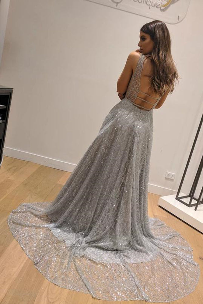 
                      
                        Shiny V Neck Backless Silver Grey Long Prom Dresses, Backless Silver Grey Formal Graduation Evening Dresses
                      
                    