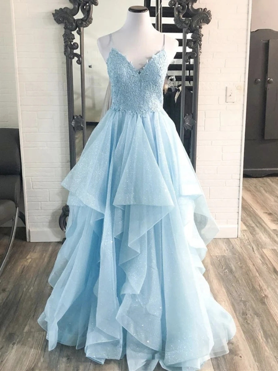 Shiny V Neck Blue Lace Long Prom Dresses, Blue Lace Formal Dresses, Fluffy Blue Evening Dresses