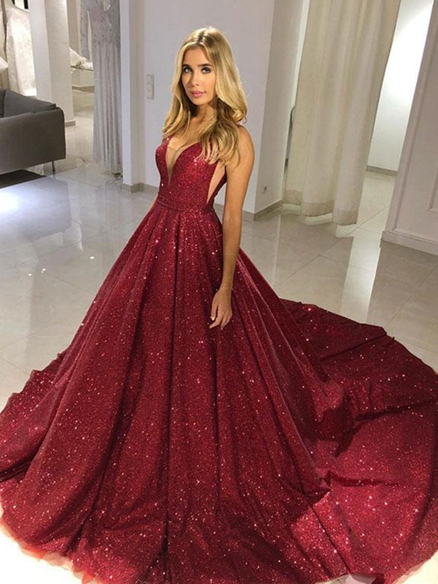 Shiny V Neck Burgundy Sequins Long Prom Dresses, Burgundy Formal Evening Dresses, y Ball Gown