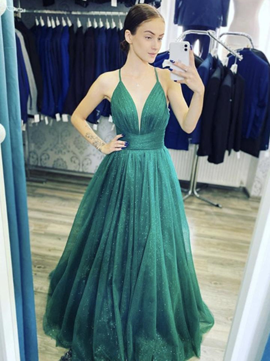 Shiny V Neck Dark Green Long Prom Dresses, Dark Green Formal Graduation Evening Dresses