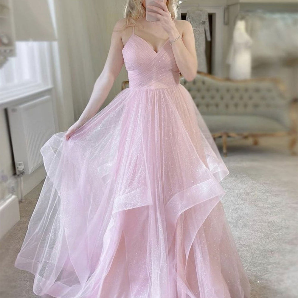 Shiny V Neck Fluffy Pink Long Prom Dresses, V Neck Pink Formal Evening Dresses, Pink Ball Gown 