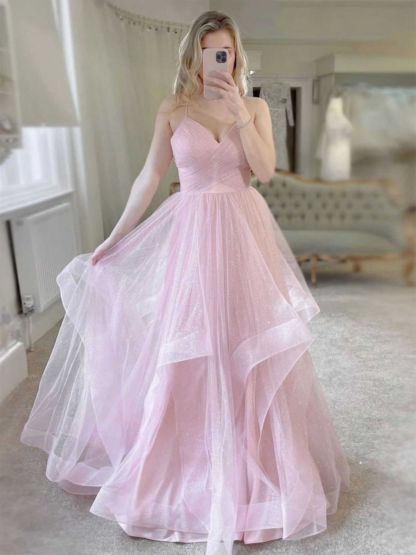 Shiny V Neck Fluffy Pink Long Prom Dresses, V Neck Pink Formal Evening Dresses, Pink Ball Gown 