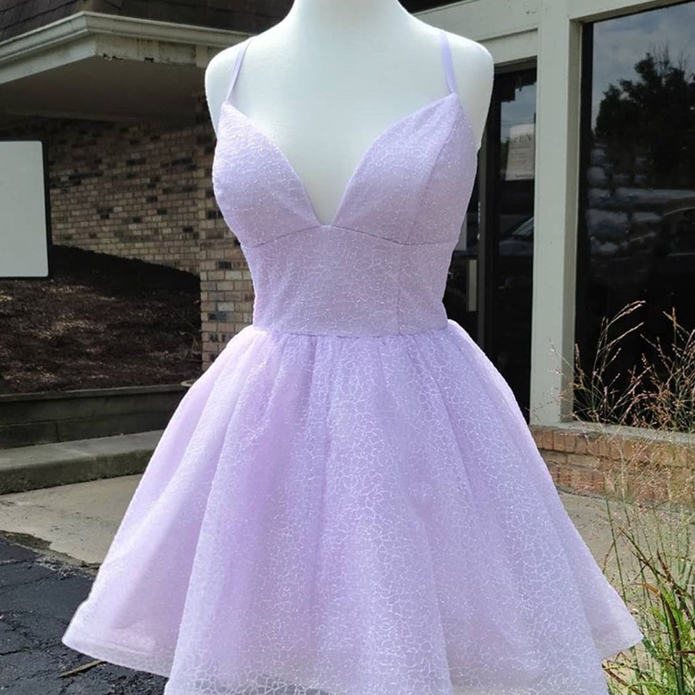 Shiny V Neck Lilac Short Prom Homecoming Dresses, Purple Formal Dresses, Lavender Evening Dresses 