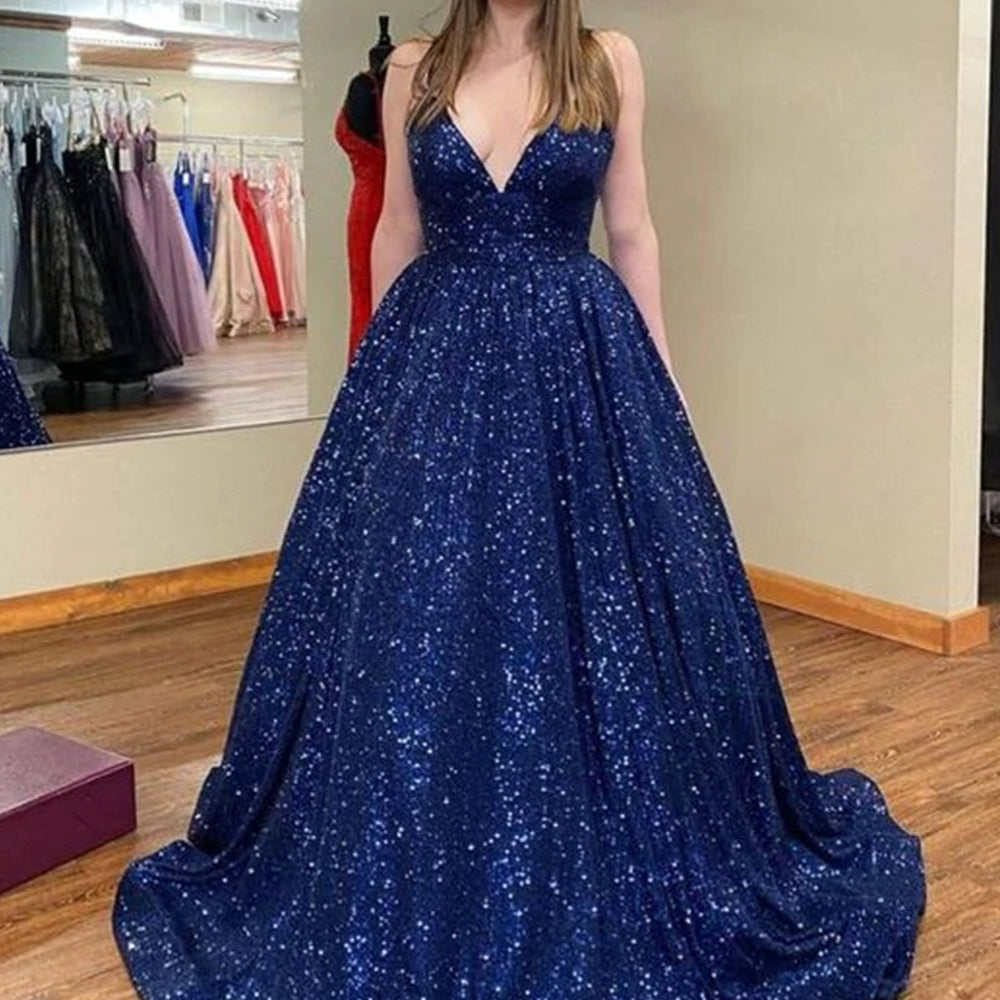 Shiny V Neck Navy Blue Long Prom Dresses, y Navy Blue Formal Evening Dresses, Ball Gown 