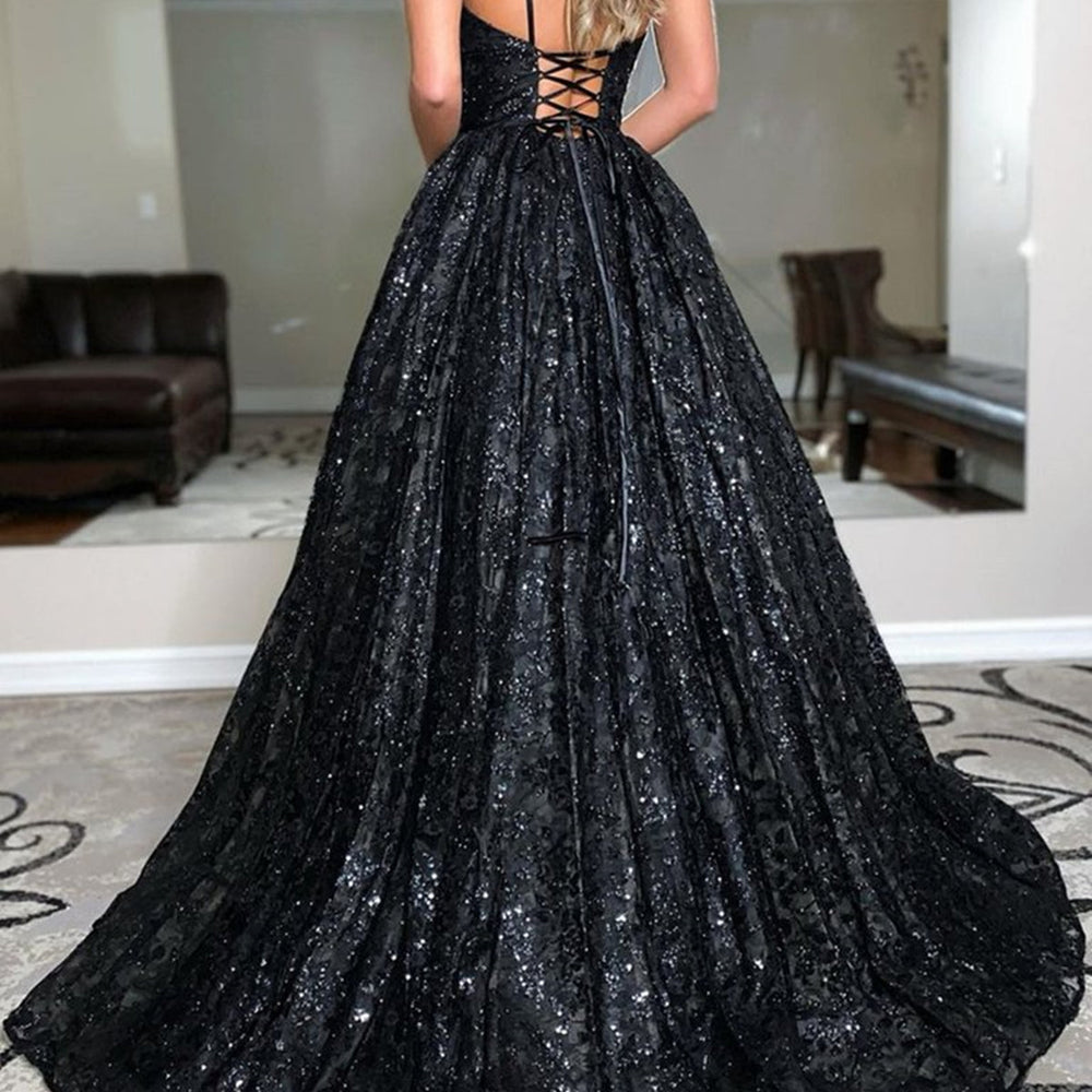 
                      
                        Shiny V Neck Open Back Black Long Prom Dresses, Backless Black Formal Dresses, y Black Evening Dresses
                      
                    