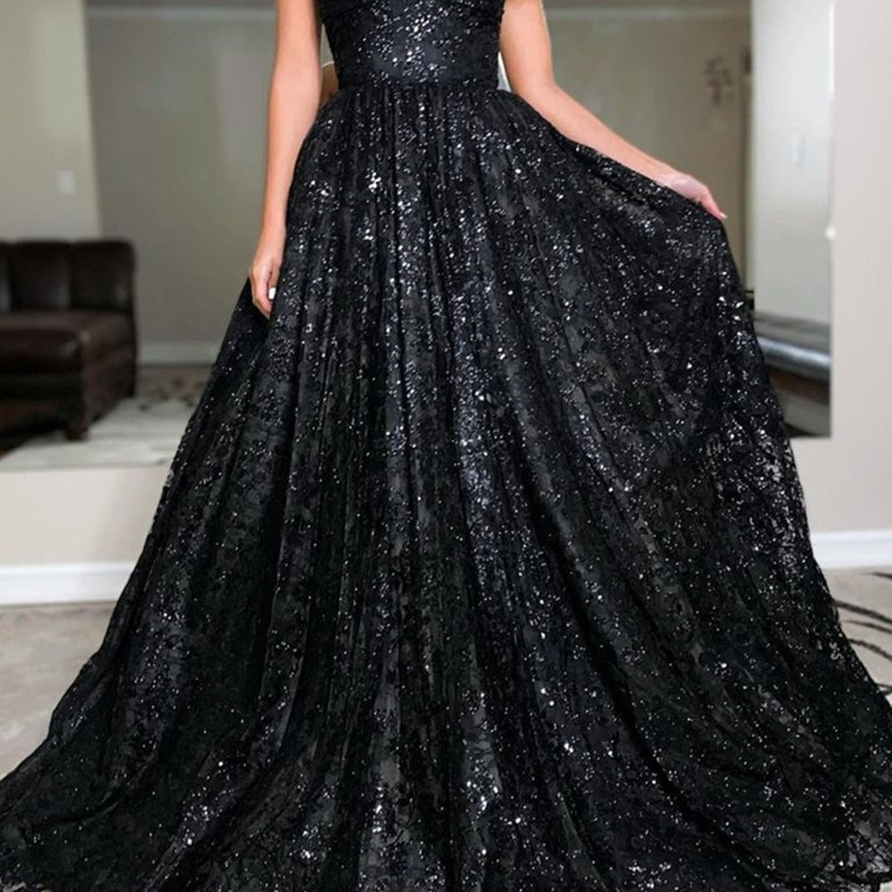 Shiny V Neck Open Back Black Long Prom Dresses, Backless Black Formal Dresses, y Black Evening Dresses