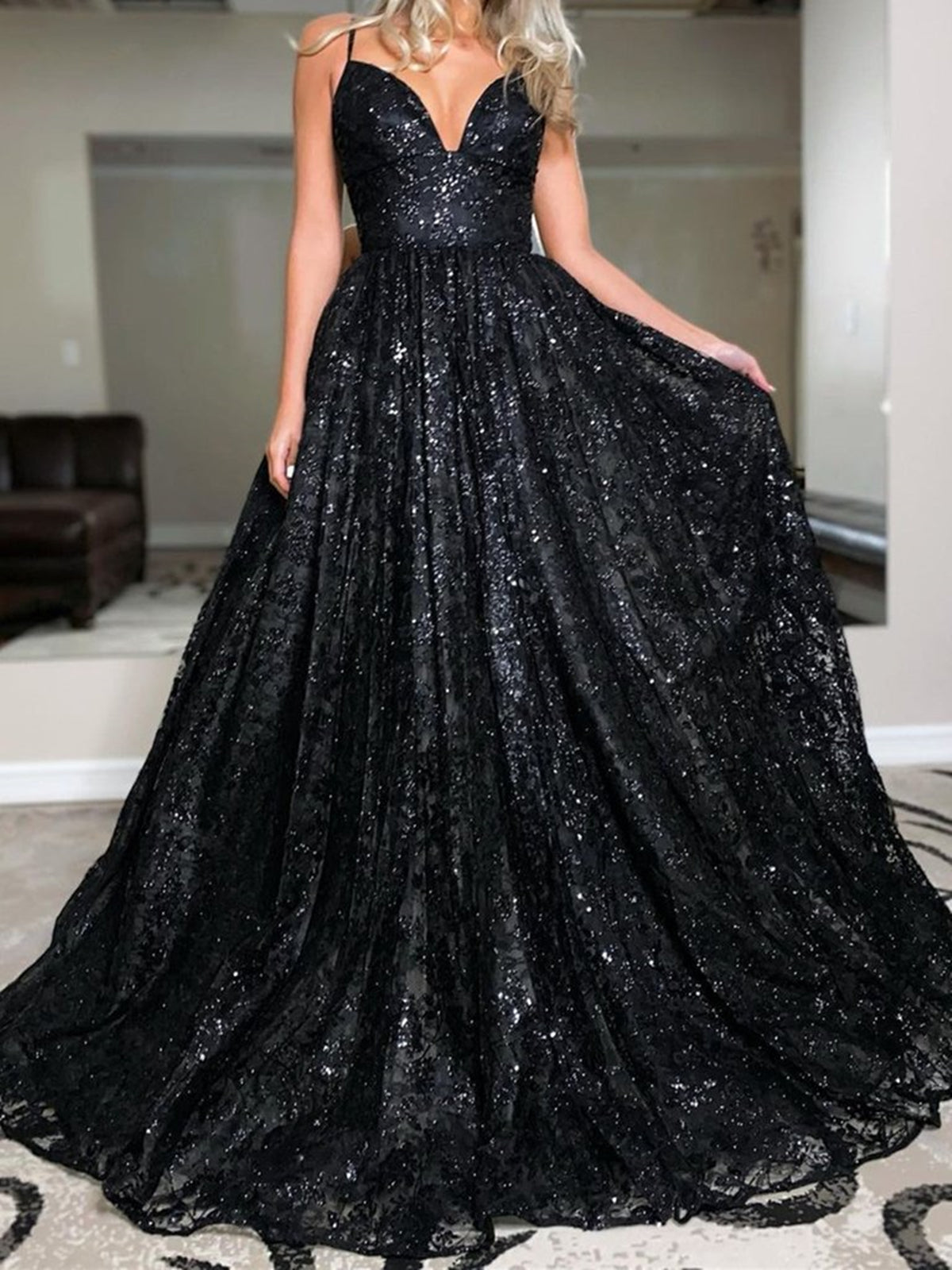 Shiny V Neck Open Back Black Long Prom Dresses, Backless Black Formal Dresses, y Black Evening Dresses