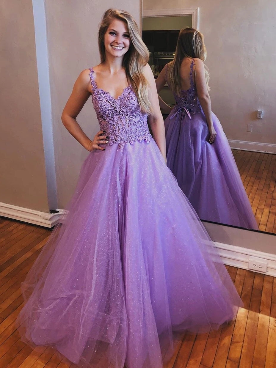 Shiny V Neck Open Back Lavender Lace Long Prom Dresses, Open Back Lavender Lace Formal Dresses, Lace Lavender Evening Dresses