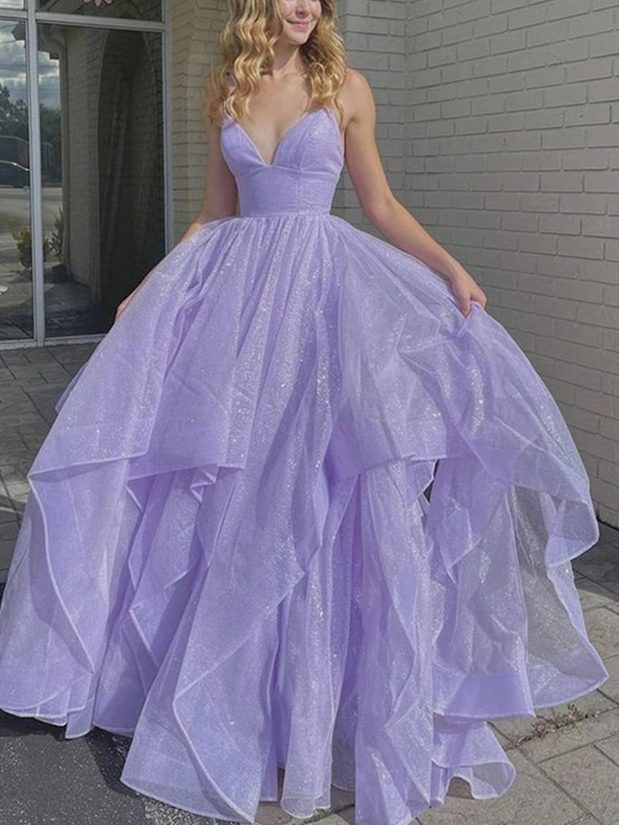 Shiny V Neck Purple Long Prom Dresses, Fluffy Purple Formal Evening Dresses, y Ball Gown