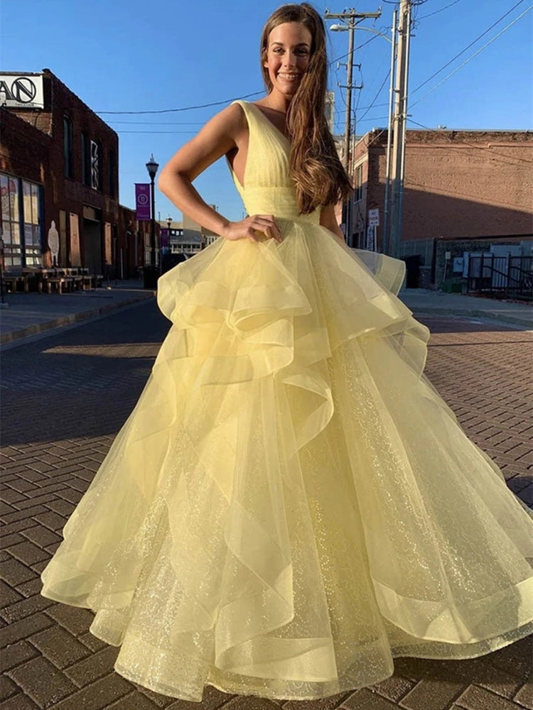 Shiny V Neck Sequins Yellow Long Prom Dresses, Fluffy Yellow Formal Evening Dresses, y Ball Gown