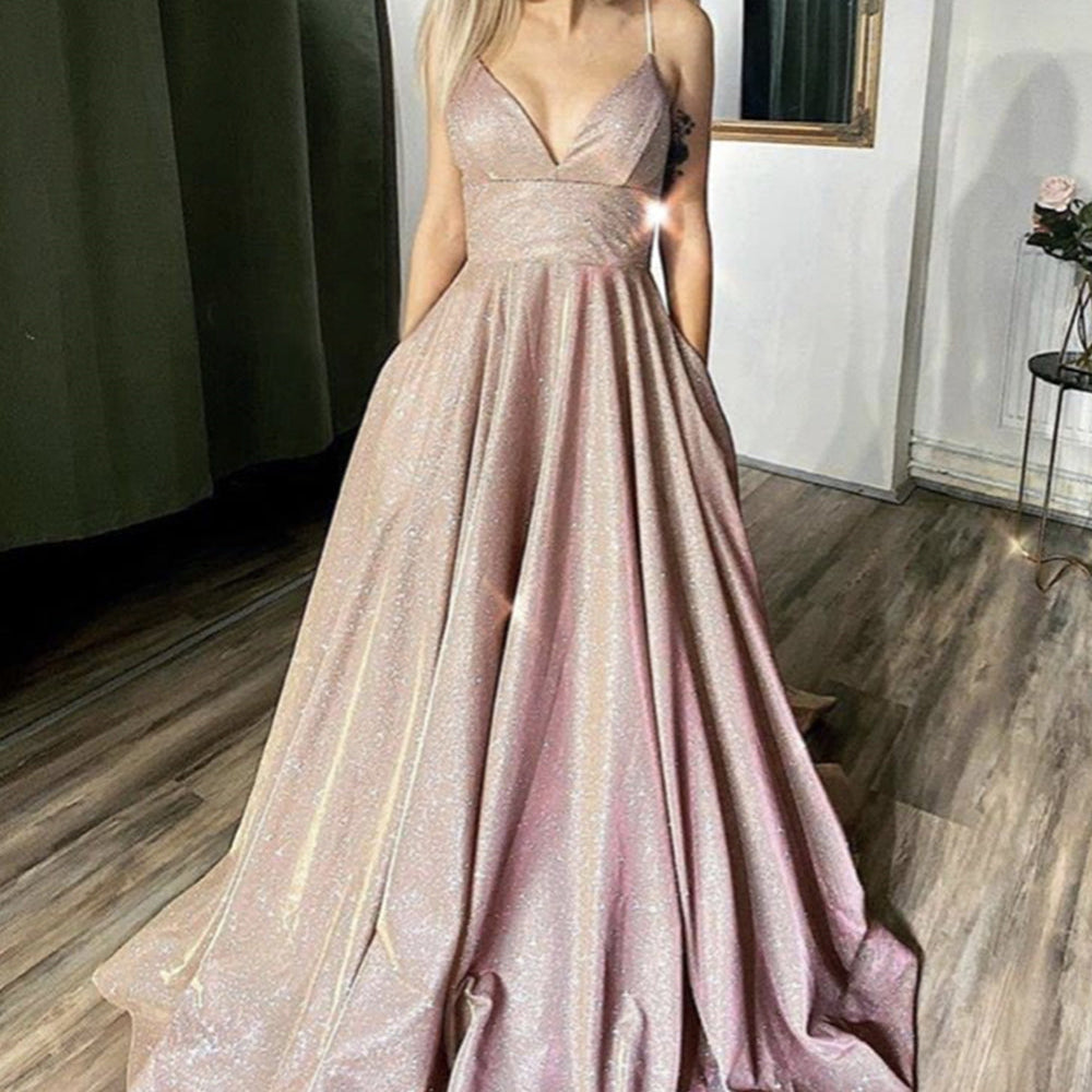 
                      
                        Shiny V Neck Thin Straps Pink Sequins Long Prom Dresses, Open Back Pink Formal Evening Dresses
                      
                    