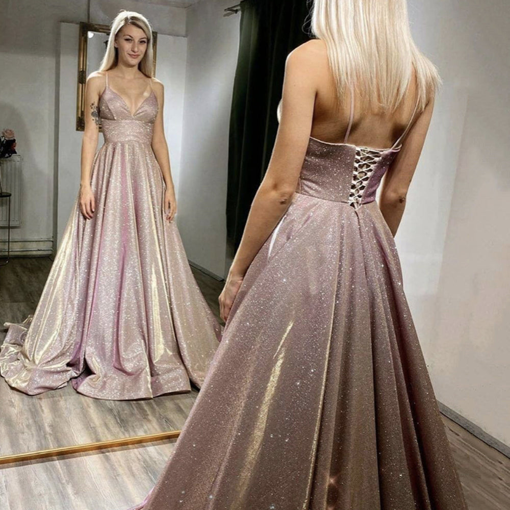 Shiny V Neck Thin Straps Pink Sequins Long Prom Dresses, Open Back Pink Formal Evening Dresses