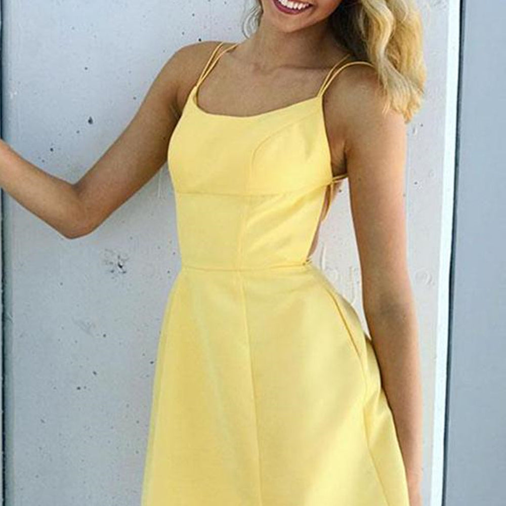 Short Backless Yellow Prom Homecoming Dresses, Backless Yellow Formal Graduation Evening Dresses 