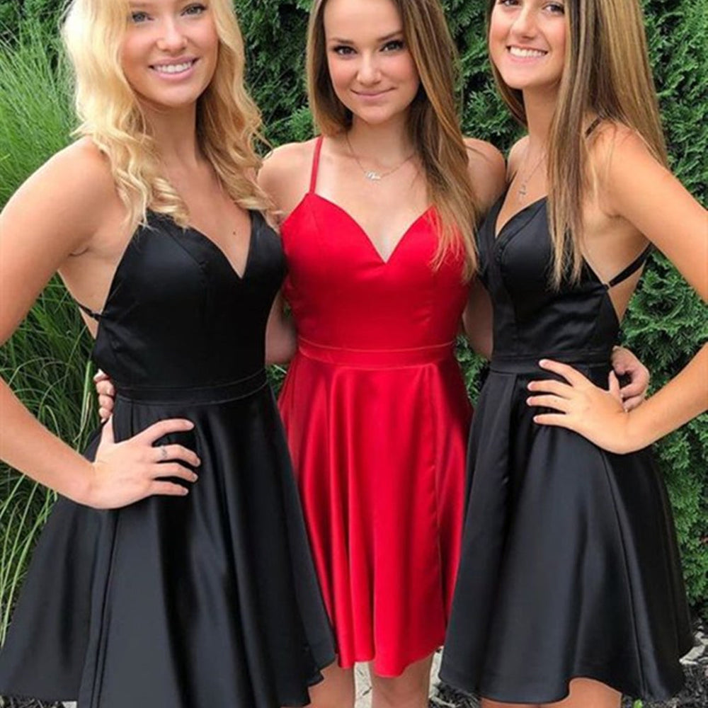 Short V Neck Red/Black Prom Homecoming Dresses, V Neck Red/Black Formal Graduation Evening Dresses