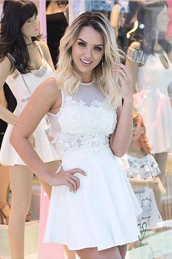 
                      
                        Short White Chiffon Lace Homecoming Dress
                      
                    