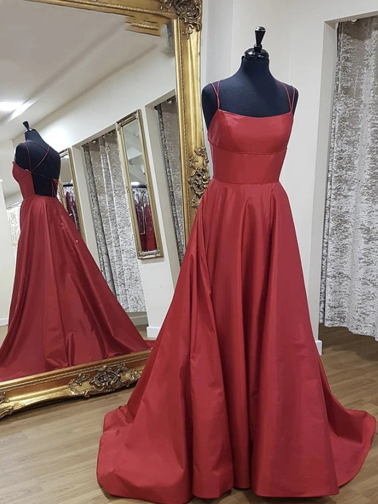 Simple A Line Backless Burgundy Long Prom Dresses, Backless Burgundy Formal Graduation Evening Dresses