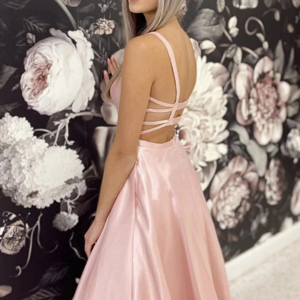 
                      
                        Simple A Line Pink Satin Long Prom Dresses, Long Pink Formal Evening Dresses
                      
                    