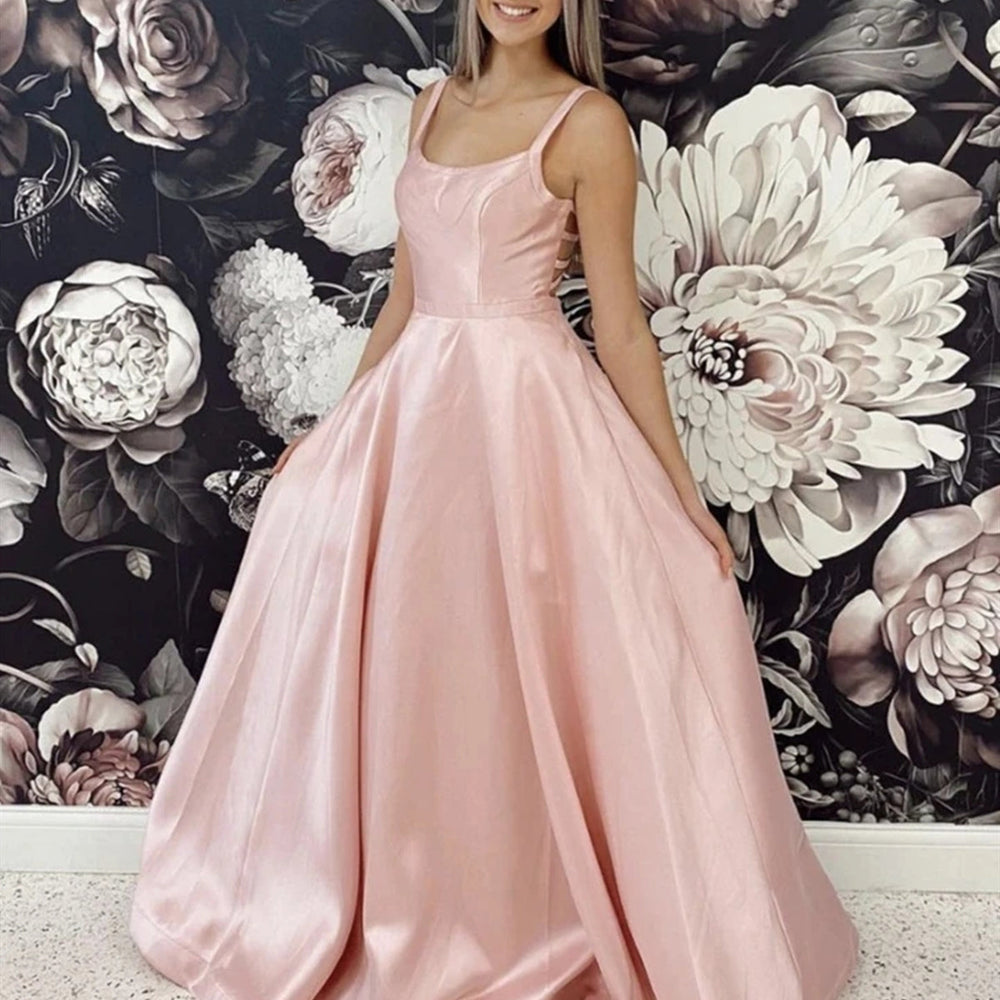 Simple A Line Pink Satin Long Prom Dresses, Long Pink Formal Evening Dresses