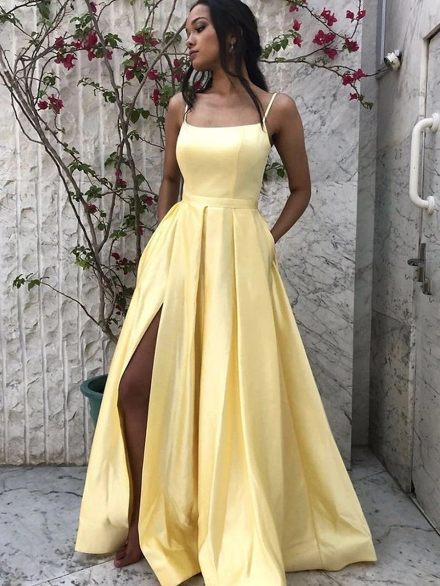 Simple A Line tti Straps Long Yellow Prom Dresses with Pockets, Yellow Formal Graduation Evening Dresses with Slit