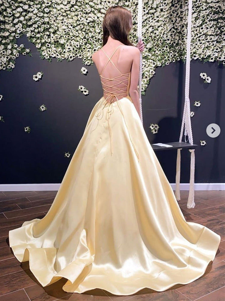 
                      
                        Simple A Line V Neck Backless Yellow Long Prom Dresses, Backless Yellow Formal Dresses, Yellow Evening Dresses
                      
                    