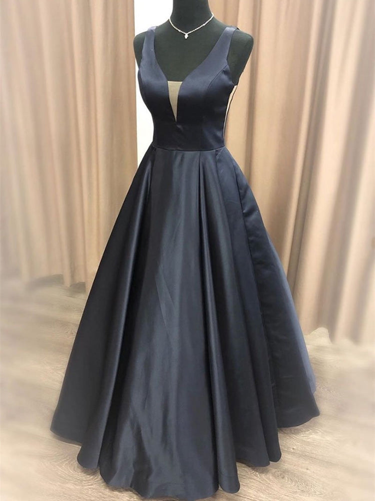 Simple A Line V Neck Black Long Prom Dresses, Black Formal Graduation Evening Dresses