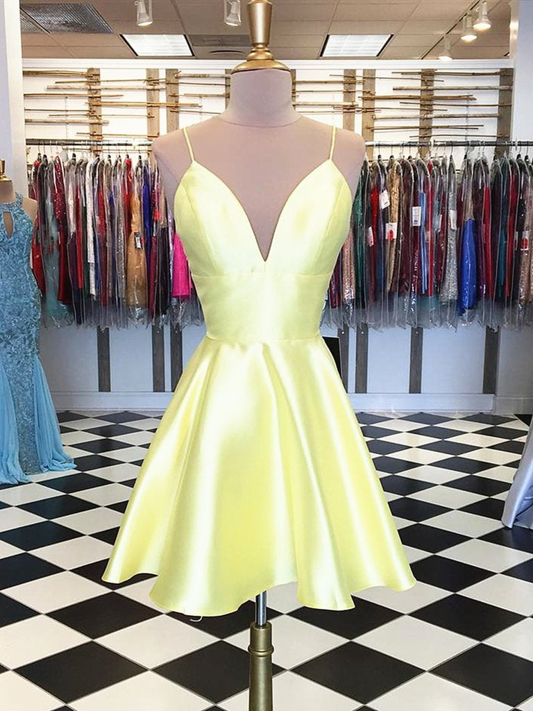 Simple A Line V Neck Yellow Homecoming Dresses Short Prom Dresses, Yellow Graduation Dresses, Formal Dresses, Evening Dresses