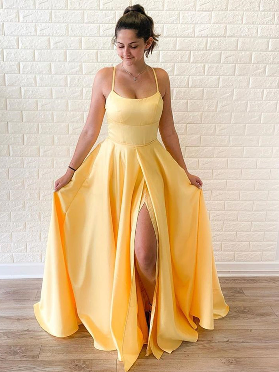 Simple A Line Yellow Long Prom Dresses with High  Cheap Yellow Formal Graduation Evening Dresses, Yellow Bridesmaid Dresses