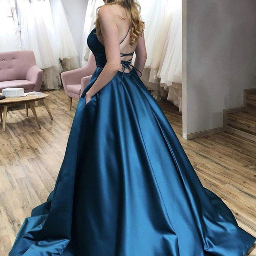 
                      
                        Simple Backless Blue Satin Long Prom Dresses with Pocket, Thin Strap Blue Formal Evening Dresses
                      
                    