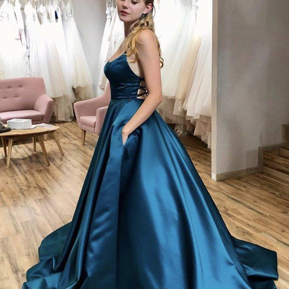 
                      
                        Simple Backless Blue Satin Long Prom Dresses with Pocket, Thin Strap Blue Formal Evening Dresses
                      
                    