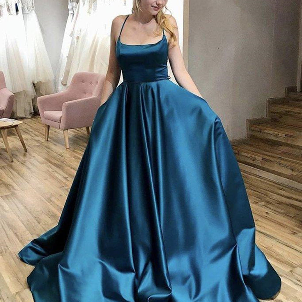 Simple Backless Blue Satin Long Prom Dresses with Pocket, Thin Strap Blue Formal Evening Dresses