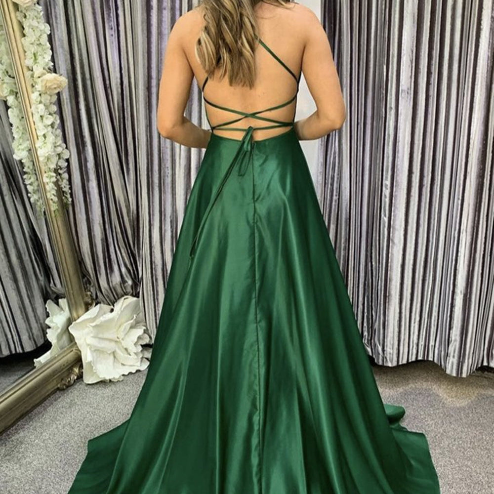 
                      
                        Simple Backless Emerald Green Satin Long Prom Dresses, Long Green Formal Graduation Evening Dresses
                      
                    