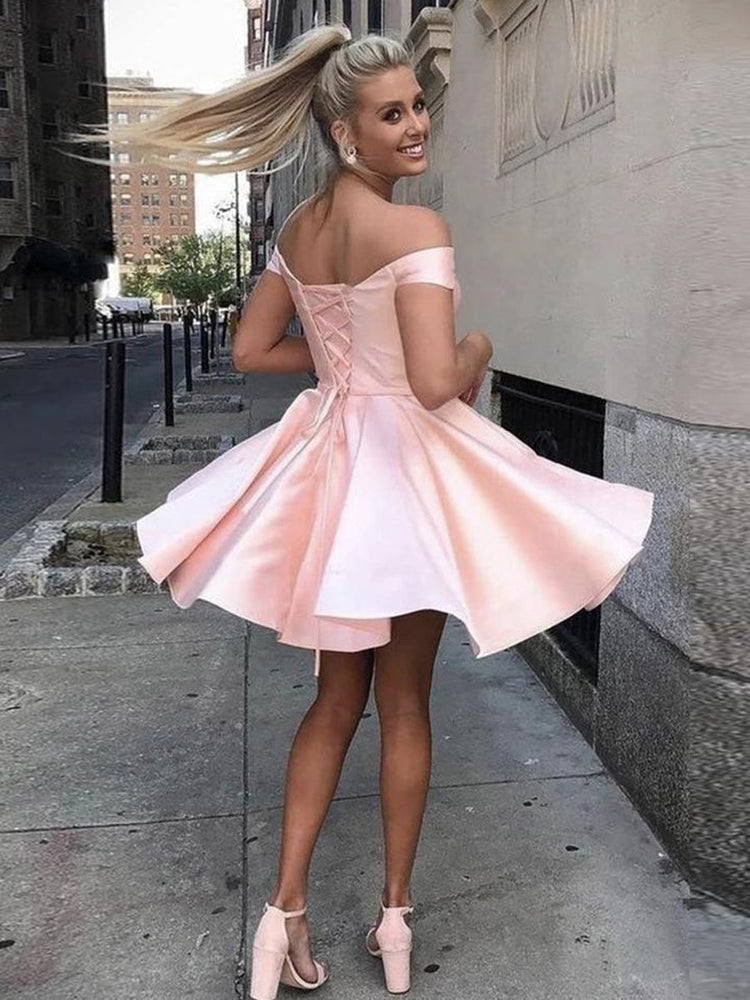 
                      
                        Simple Off Shoulder Pink Short Prom Dresses, Off Shoulder Pink Formal Graduation Homecoming Dresses
                      
                    