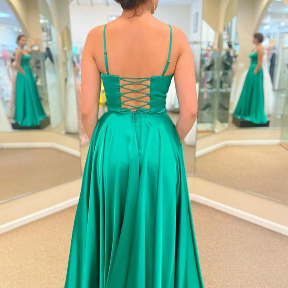 
                      
                        Simple Open Back Green Satin Long Prom Dresses with High Slit, Long Green Formal Graduation Evening Dresses 
                      
                    