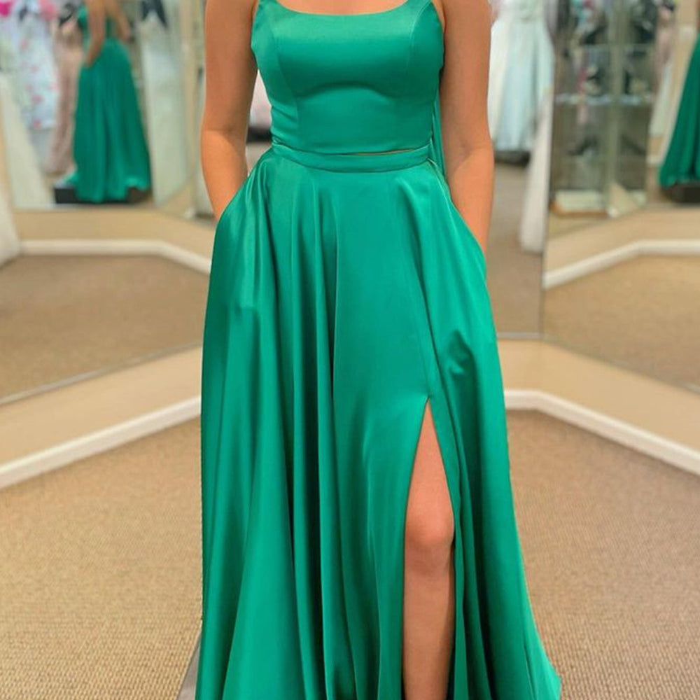 
                      
                        Simple Open Back Green Satin Long Prom Dresses with High Slit, Long Green Formal Graduation Evening Dresses 
                      
                    