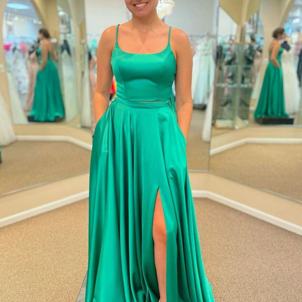 Simple Open Back Green Satin Long Prom Dresses with High Slit, Long Green Formal Graduation Evening Dresses 