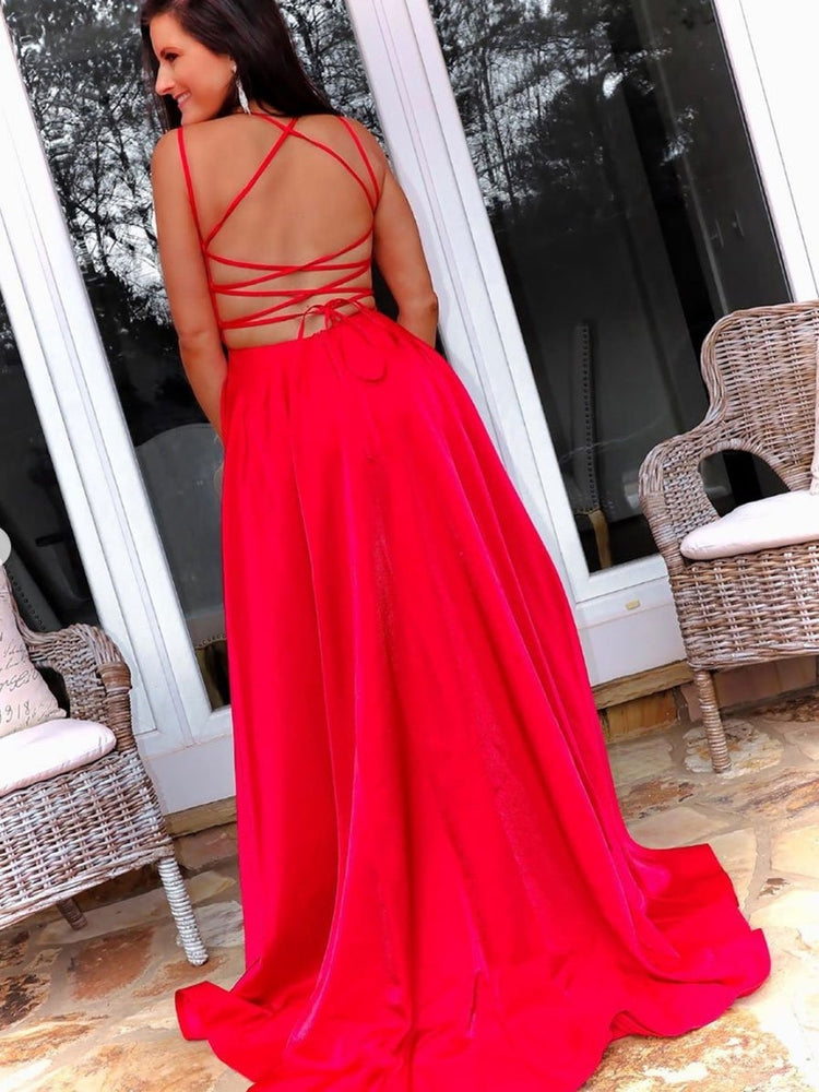 
                      
                        Simple Open Back Red Long Prom Dresses with Cross Back, Red Formal Graduation Evening Dresses with High Slit
                      
                    