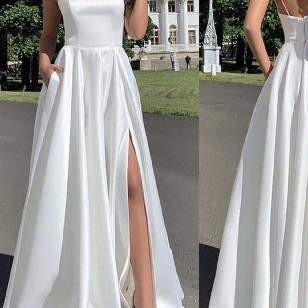 
                      
                        Simple Open Back White Satin Long Prom Dresses with High Slit, Long White Formal Graduation Evening Dresses 
                      
                    